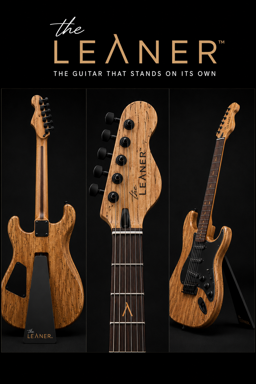 The Leaner guitar — three views showing the built-in stand